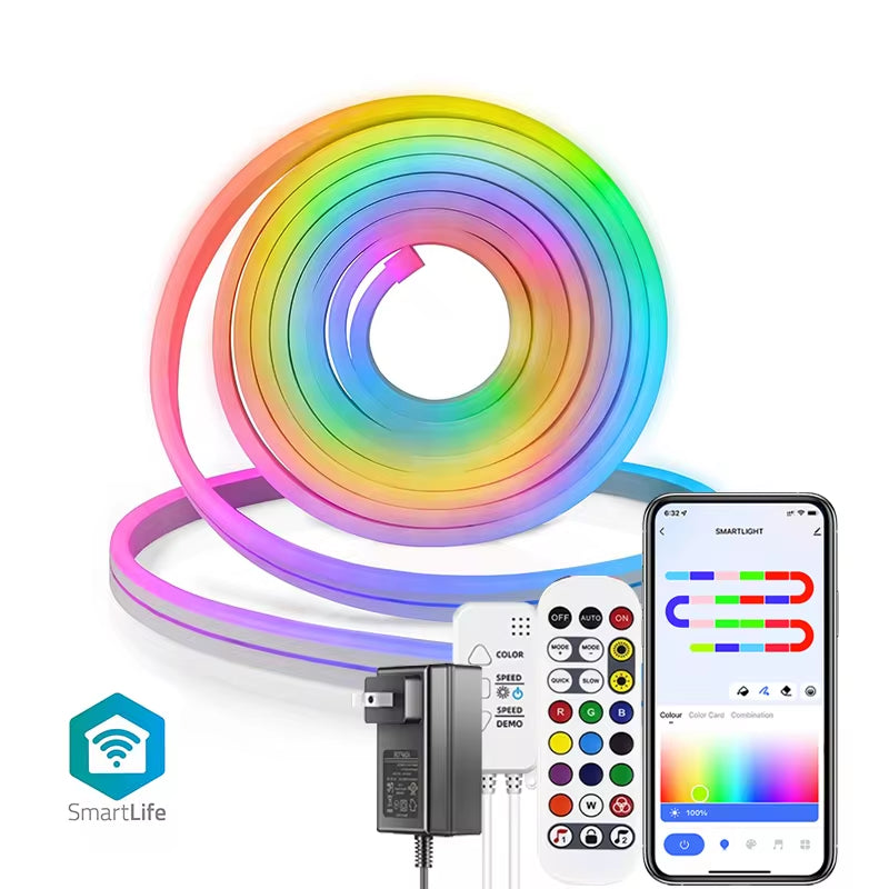 TUYA Neon LED Strip Lights 12-24V 84Leds/M Silicone Neon Rope Light with Music Sync RGBIC Dreamcolor Chasing Strip Tape for Room